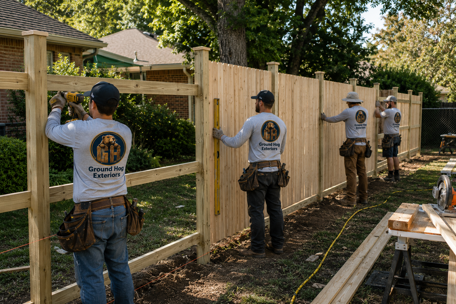 Ground Hog Fencing crew building a wood privacy fence