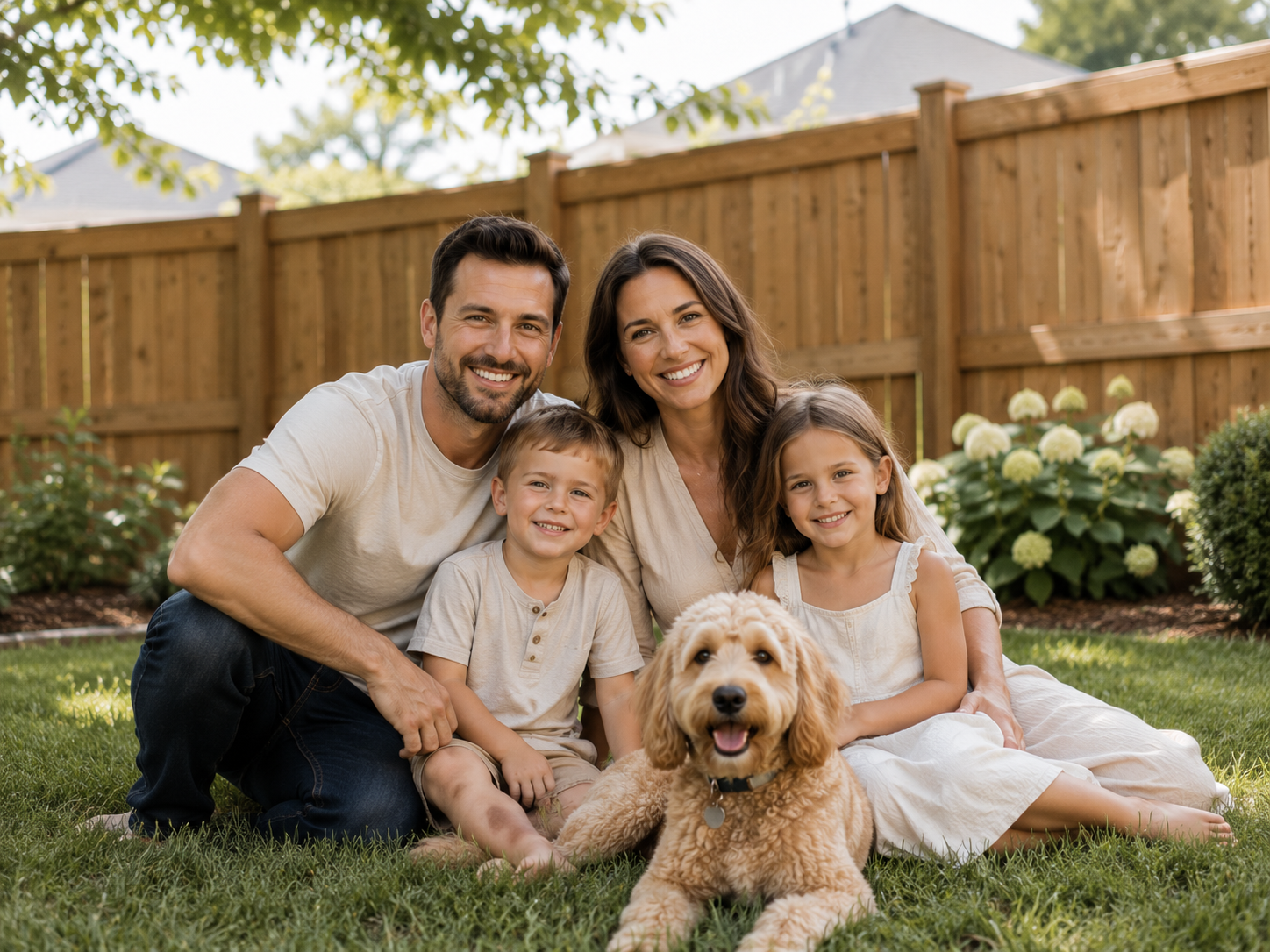 Family and dog behind a finished fence